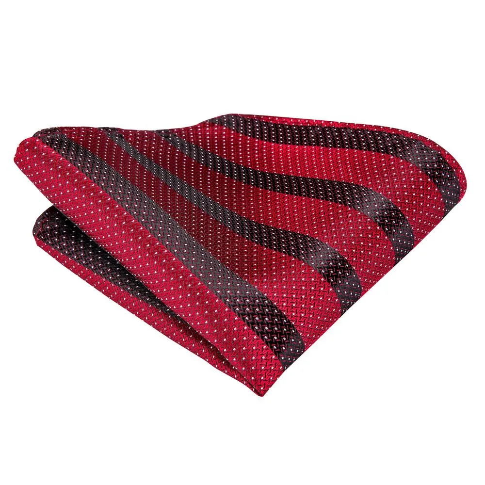 Classic Black Red Dot Striped Silk Necktie Pocket Square Cufflinks Set