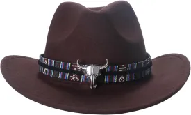 Classic Cowboy Hat for Men: Wide Brim Western Cowboy Hat with Belt Decorative Metal Bull Head Fedora Hats