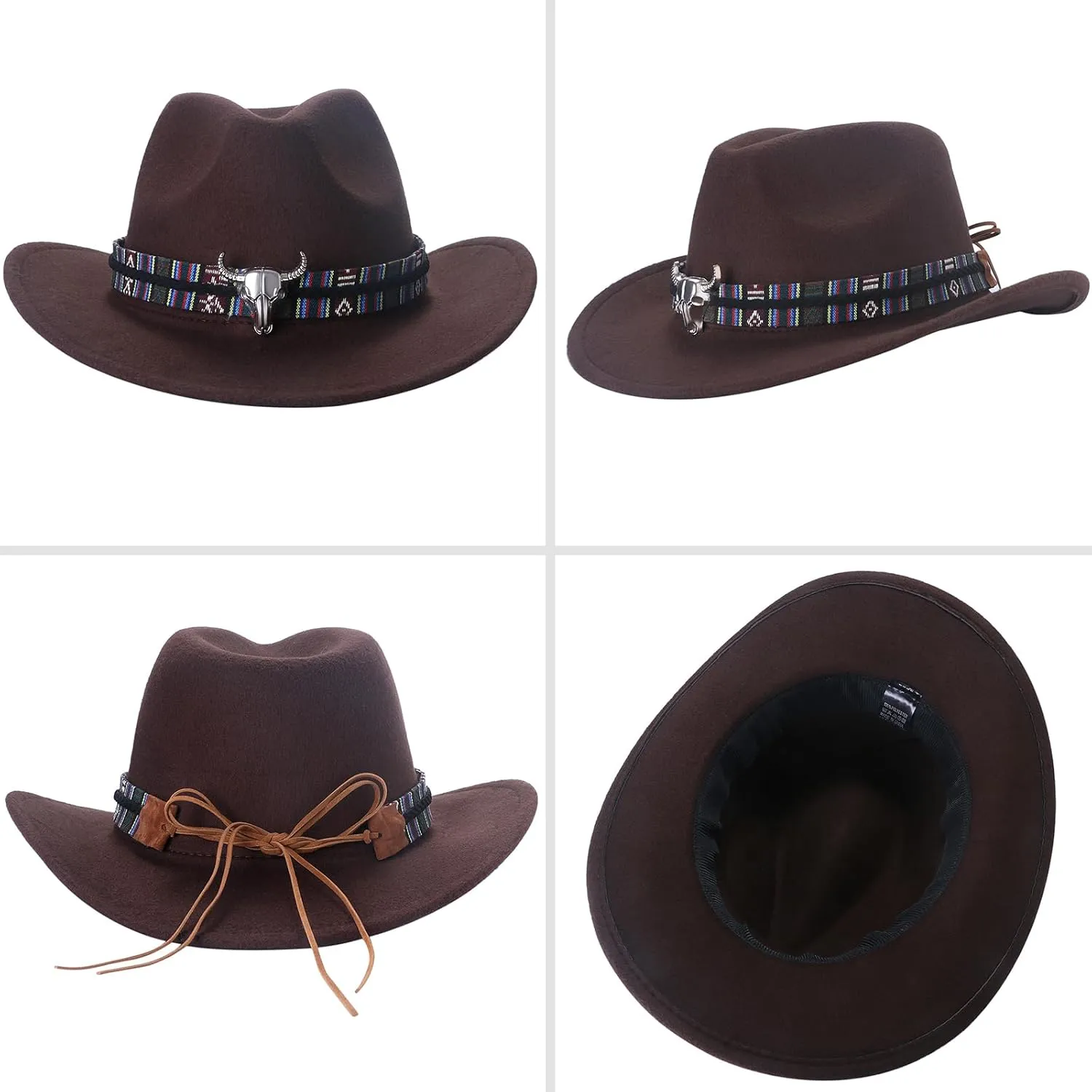 Classic Cowboy Hat for Men: Wide Brim Western Cowboy Hat with Belt Decorative Metal Bull Head Fedora Hats