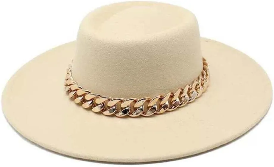Cream Round Wide Brim Chain Fedora