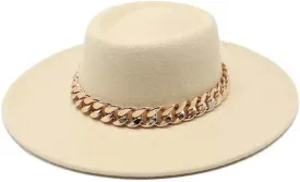 Cream Round Wide Brim Chain Fedora
