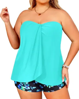 Daci Plus Size Bandeau Tankini Swimsuit for Women 2 Piece Halter Swim Top with Shorts Tummy Control Bathing Suits