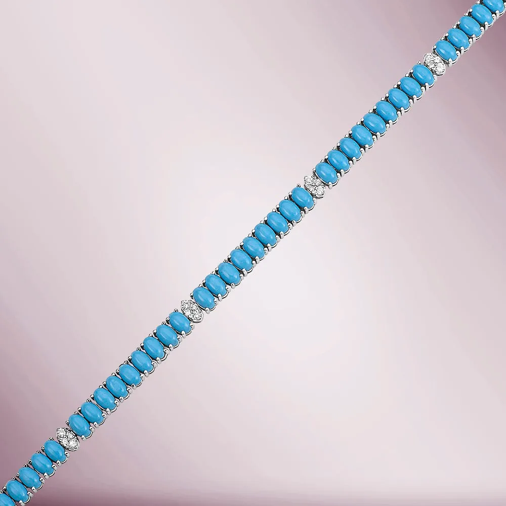 Diamond & Oval Turquoise Tennis Bracelet ( 8.20 ct.) 4-Prongs Setting in 14K Gold