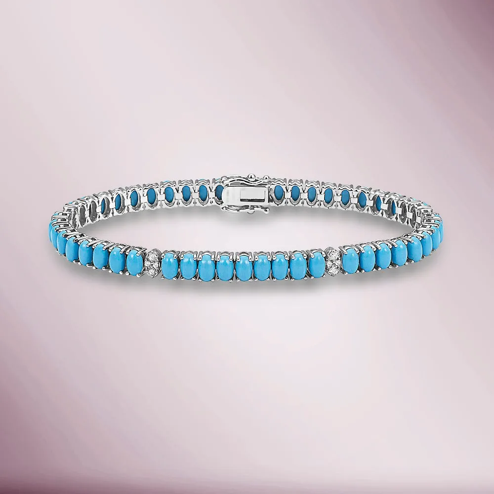 Diamond & Oval Turquoise Tennis Bracelet ( 8.20 ct.) 4-Prongs Setting in 14K Gold