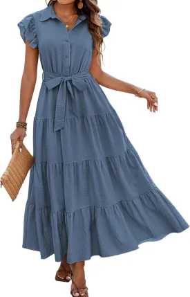 dowerme Women's Summer Casual Dresses 2025 Cap Ruffle Sleeve V Neck Button Belted Tiered Boho Maxi Dress with Pockets