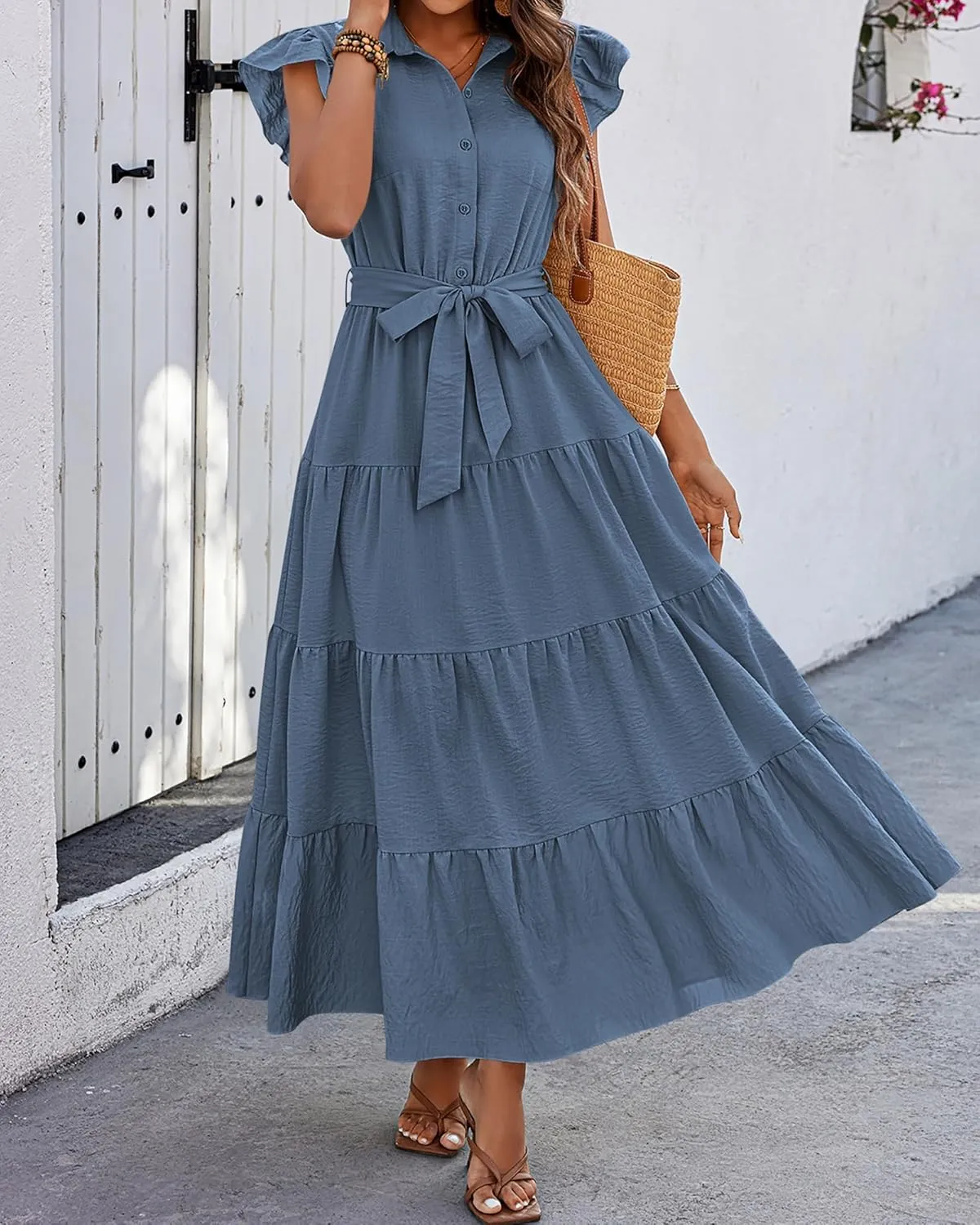 dowerme Women's Summer Casual Dresses 2025 Cap Ruffle Sleeve V Neck Button Belted Tiered Boho Maxi Dress with Pockets