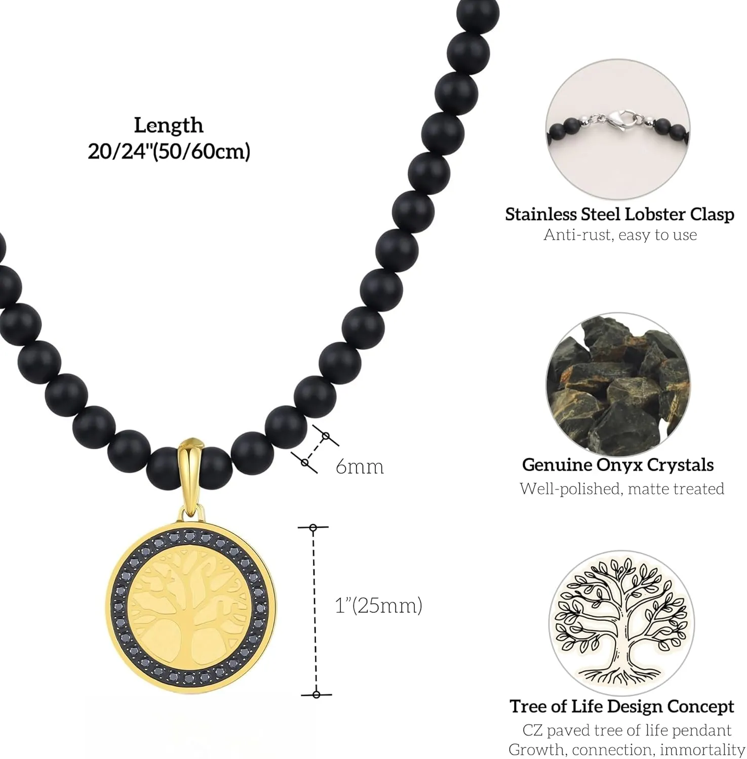 GAVU Tree of Life Necklace for Men, Black Diamond Necklace for Men, Stainless Steel Pendant Necklace for Men