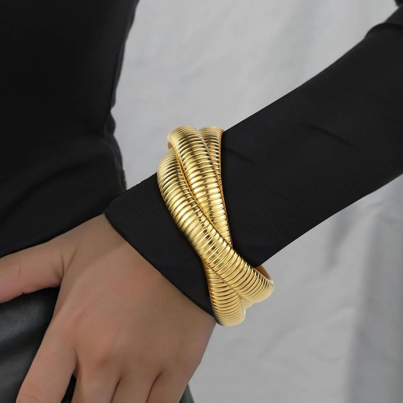 Gold Bangles Bracelet Set for Women, 18K Gold Plated Chunky Stainless Steel Non Tarnish Stretch Bracelet Stack, Flexible Wide Wristband Bangle Layered Snake Chain Bracelets