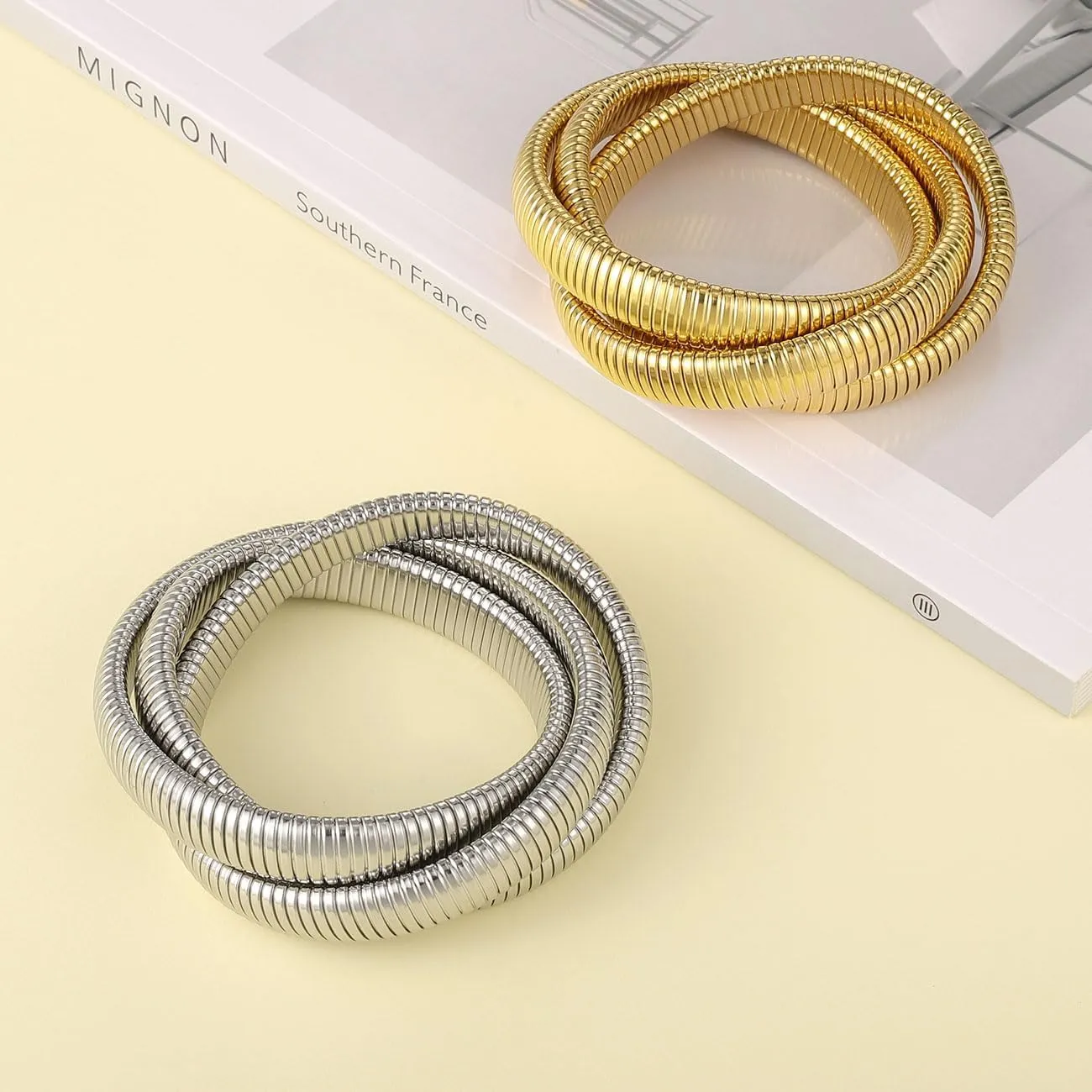 Gold Bangles Bracelet Set for Women, 18K Gold Plated Chunky Stainless Steel Non Tarnish Stretch Bracelet Stack, Flexible Wide Wristband Bangle Layered Snake Chain Bracelets