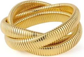 Gold Bangles Bracelet Set for Women, 18K Gold Plated Chunky Stainless Steel Non Tarnish Stretch Bracelet Stack, Flexible Wide Wristband Bangle Layered Snake Chain Bracelets
