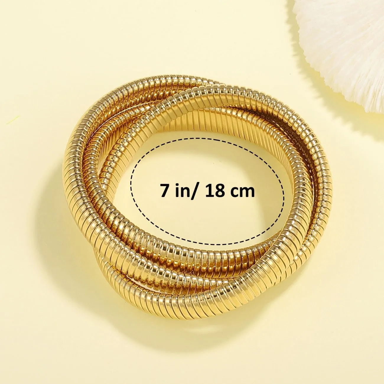 Gold Bangles Bracelet Set for Women, 18K Gold Plated Chunky Stainless Steel Non Tarnish Stretch Bracelet Stack, Flexible Wide Wristband Bangle Layered Snake Chain Bracelets