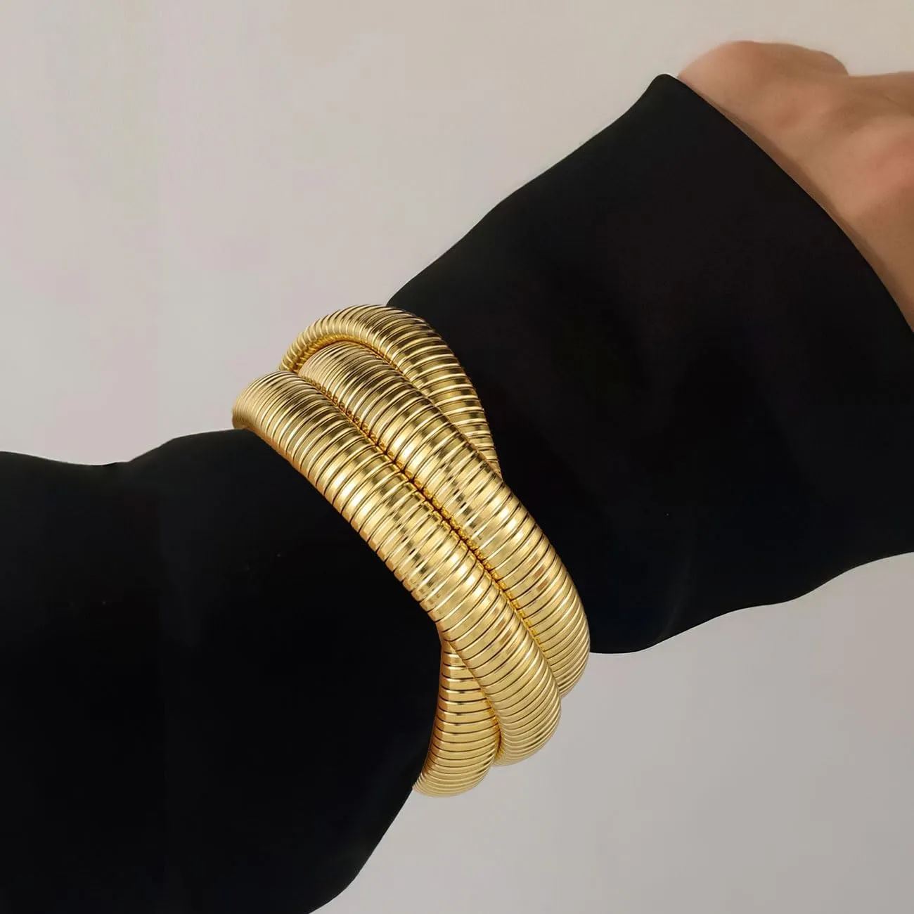 Gold Bangles Bracelet Set for Women, 18K Gold Plated Chunky Stainless Steel Non Tarnish Stretch Bracelet Stack, Flexible Wide Wristband Bangle Layered Snake Chain Bracelets