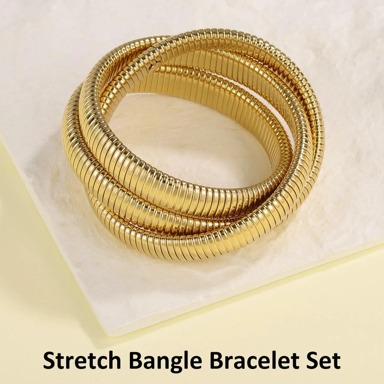 Gold Bangles Bracelet Set for Women, 18K Gold Plated Chunky Stainless Steel Non Tarnish Stretch Bracelet Stack, Flexible Wide Wristband Bangle Layered Snake Chain Bracelets