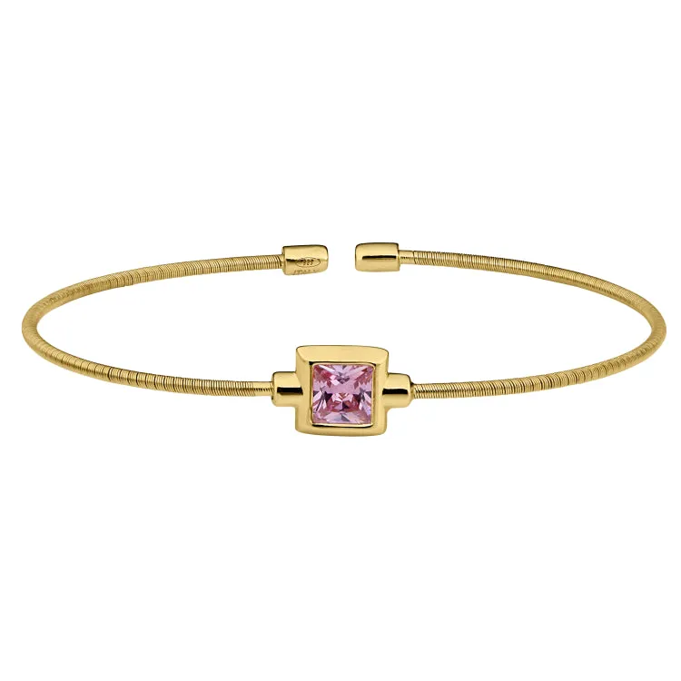 Gold Finish Sterling Silver Cable Cuff Bracelet with Princess Cut Simulated Pink Sapphire Birth Gem