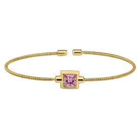 Gold Finish Sterling Silver Cable Cuff Bracelet with Princess Cut Simulated Pink Sapphire Birth Gem