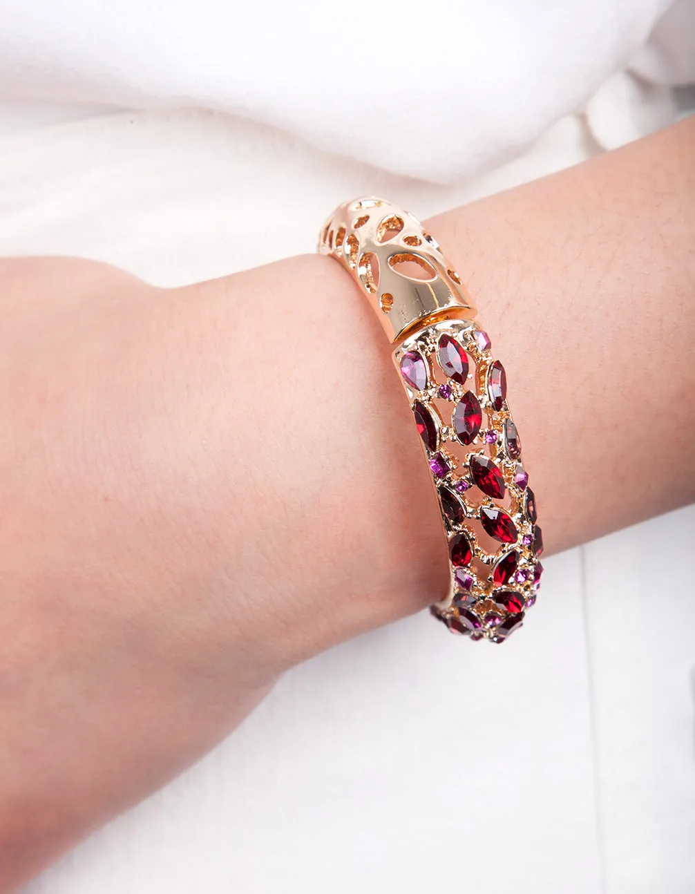 Gold Red Gem Cluster Bangle