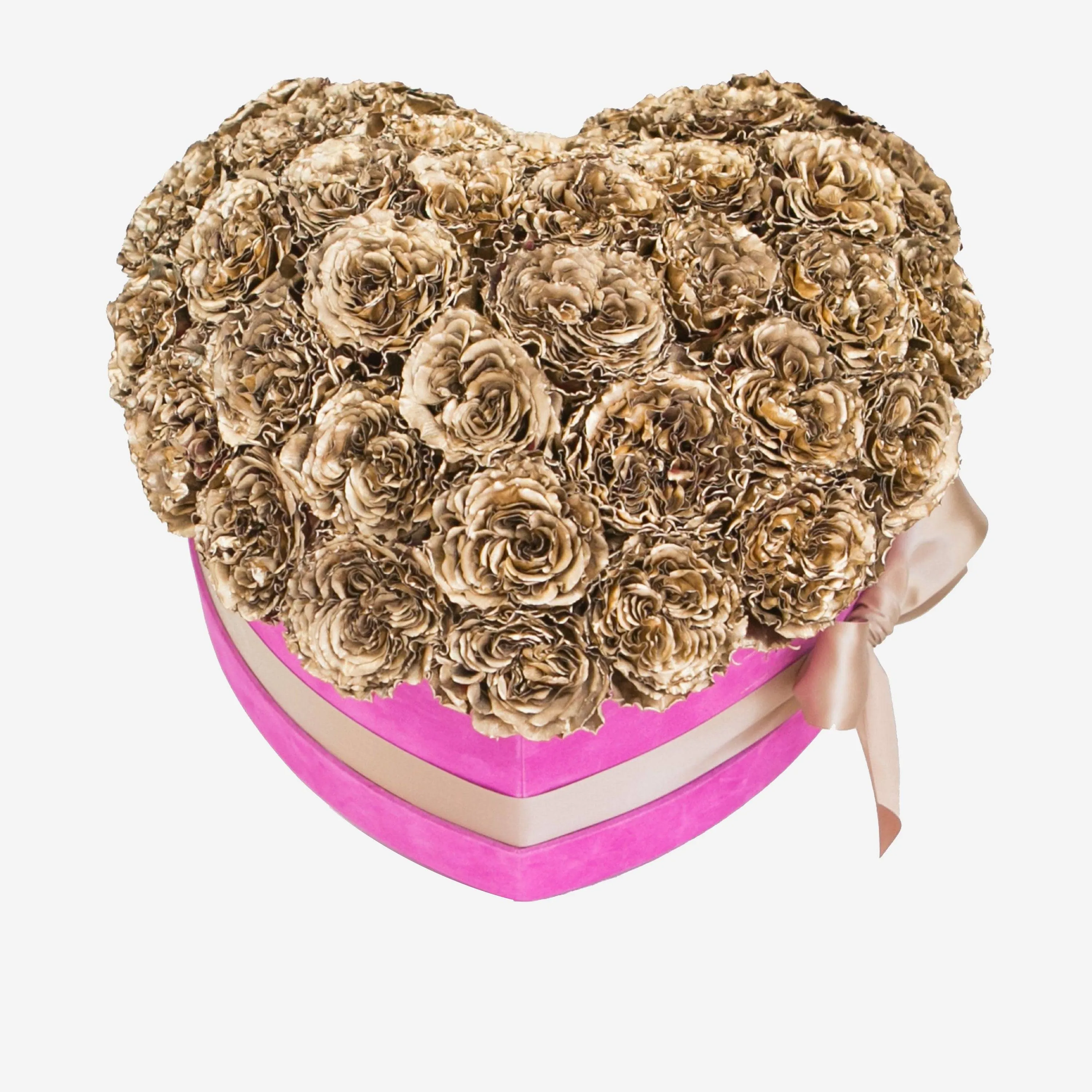 Heart Hot Pink Suede Dome Box | Gold Celestial Roses