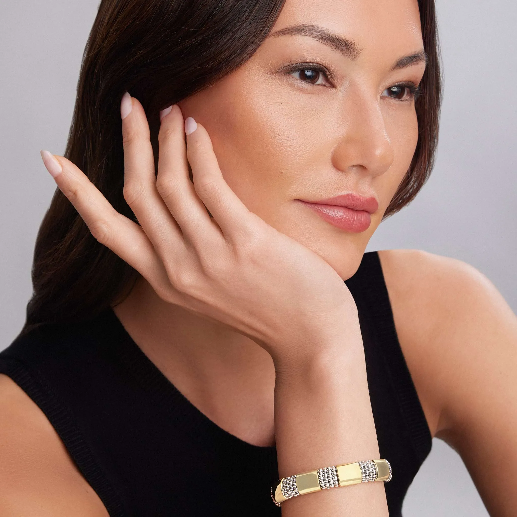 Luxurious 12mm High Bar Gold Station Bracelet with Caviar Detailing