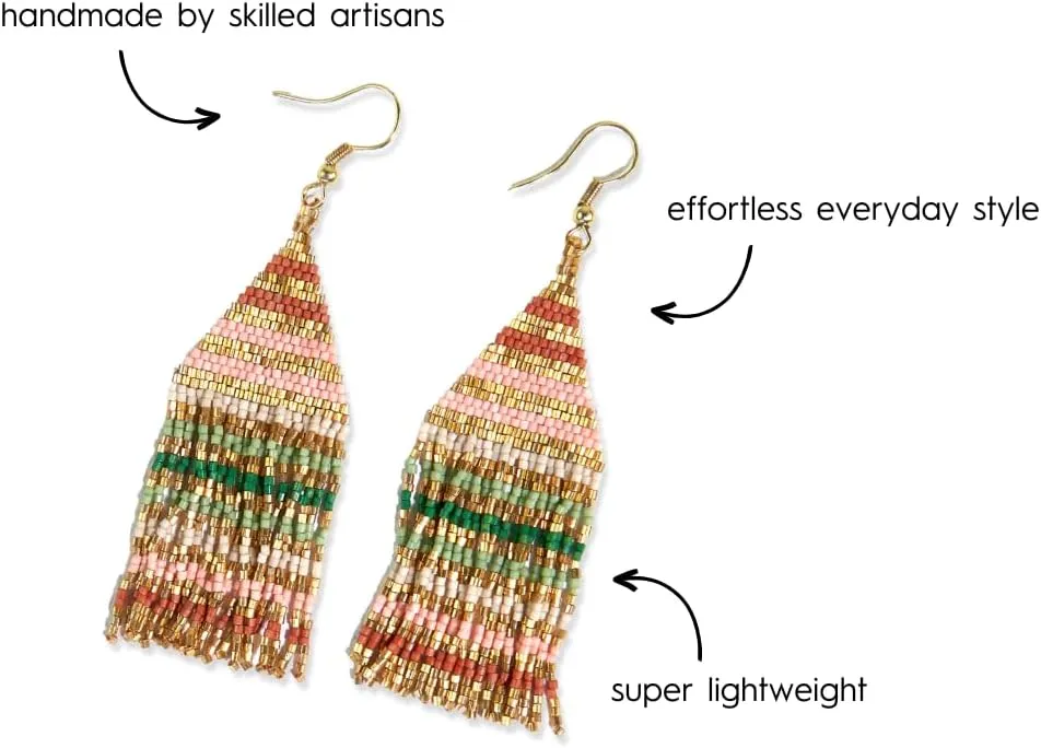 INK ALLOY Beaded Earrings for Women Dangling, Lexie Medium Fringe Colorful Stripes Seed Bead Tassel Boho Earrings, Handmade Jewelry for the Modern Bohemian, 3.25-Inch Length