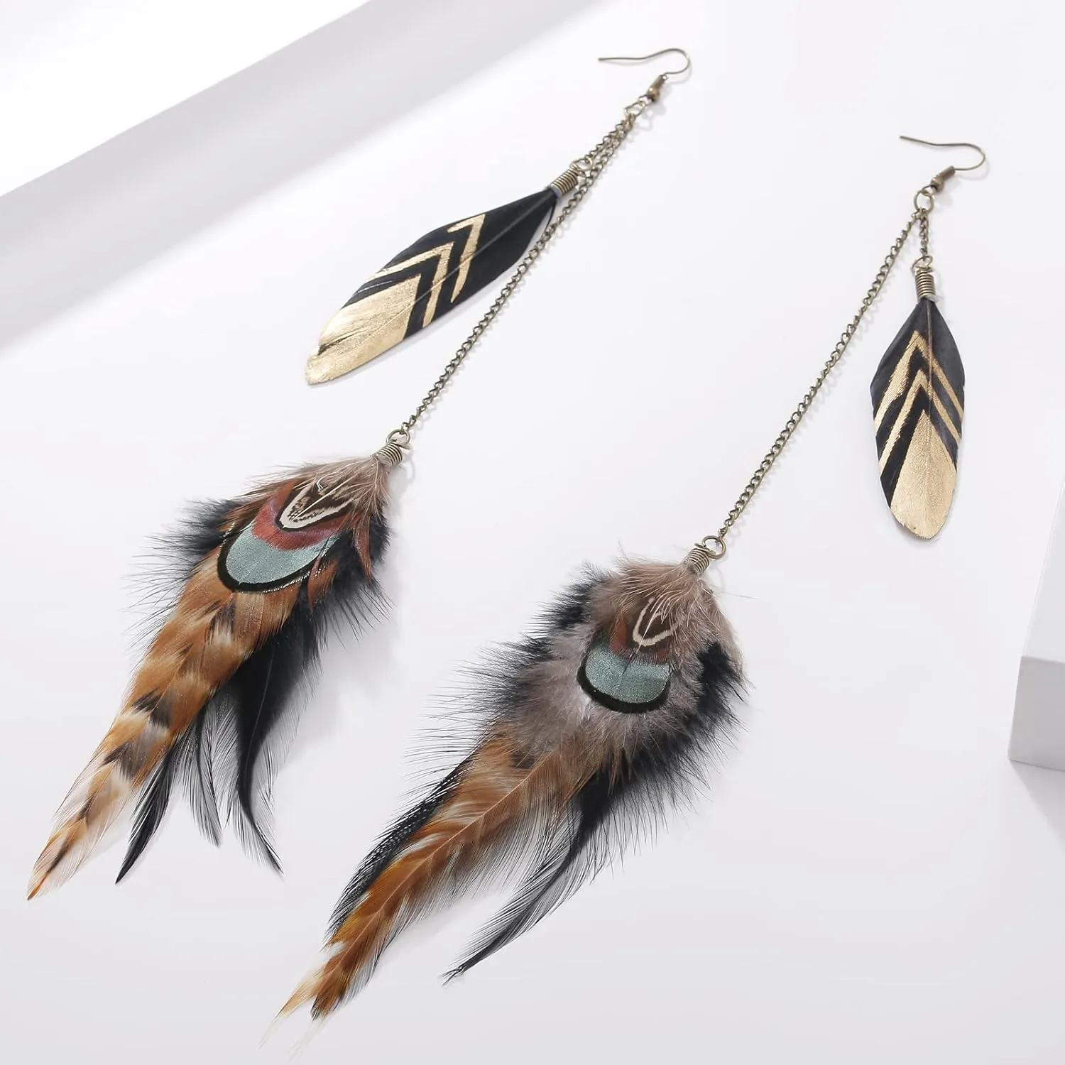 Long Feather Earrings for Women, Boho Bohemian Earrings Multicolor Tassel Handmade Feather Earrings for Women Dangling