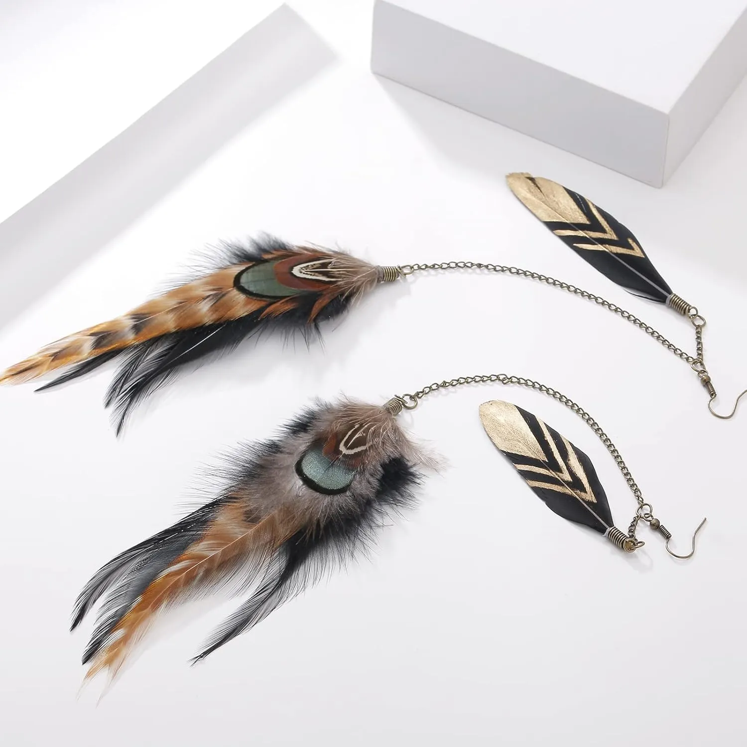 Long Feather Earrings for Women, Boho Bohemian Earrings Multicolor Tassel Handmade Feather Earrings for Women Dangling