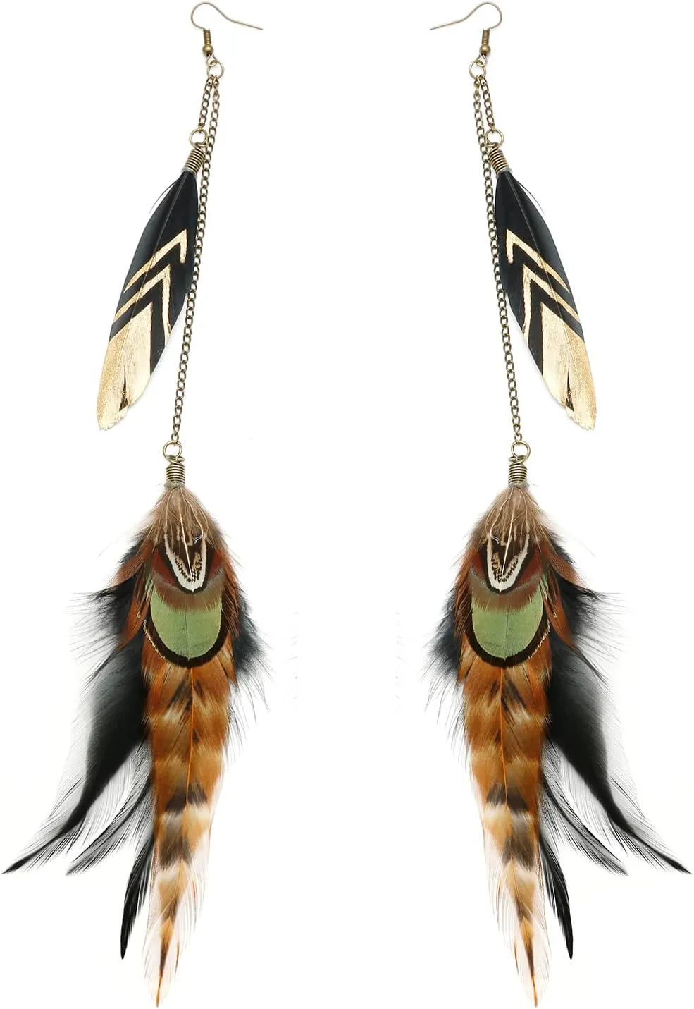 Long Feather Earrings for Women, Boho Bohemian Earrings Multicolor Tassel Handmade Feather Earrings for Women Dangling