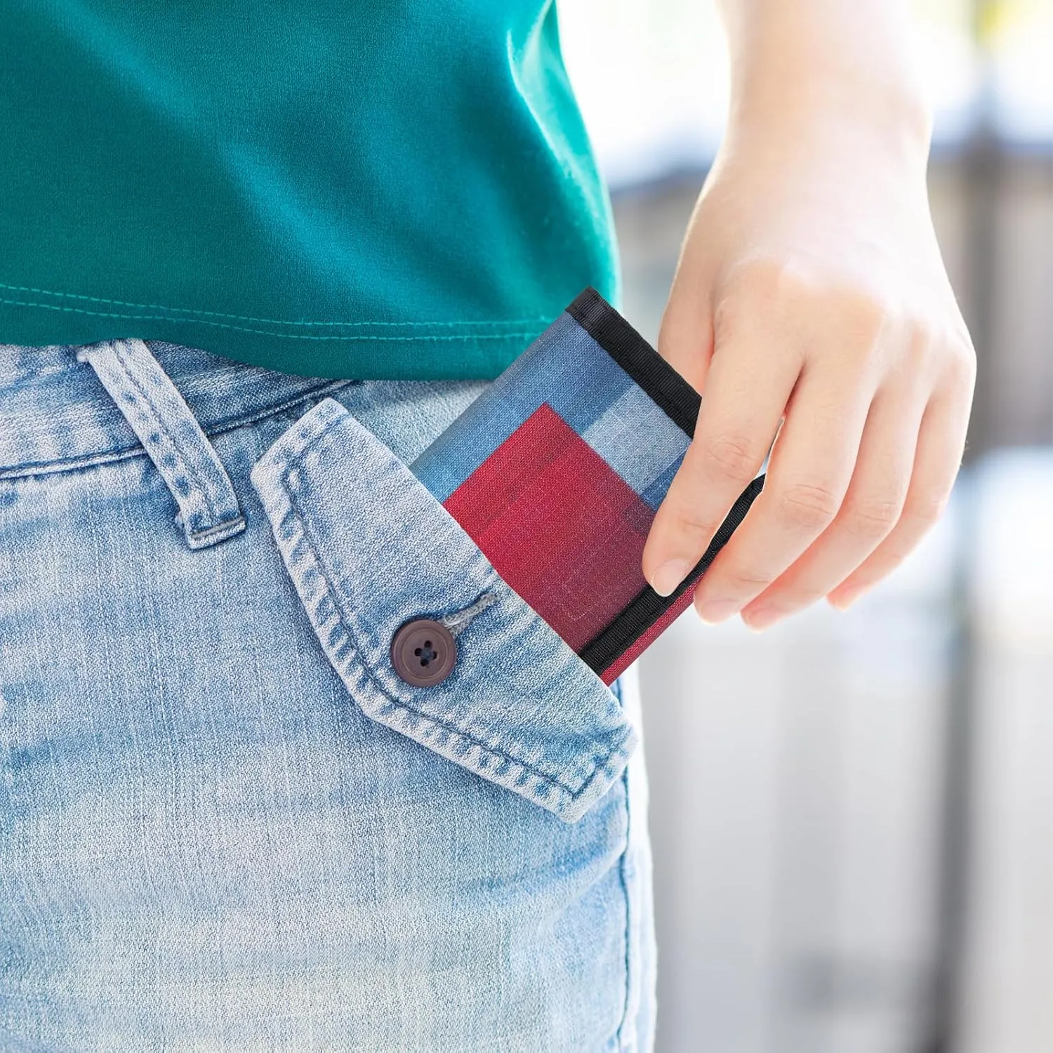Mens Nylon Trifold RFID Wallet with ID Window, Slim Security Wallet for Card Cash Holder, Modern Fashion Stylish Wallet Gifts for Teen Boys and Men, One Size -Block Blue&Red