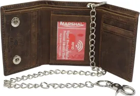 Men's RFID Blocking Trifold Vintage Leather Biker Chain Wallet With Snap Closure