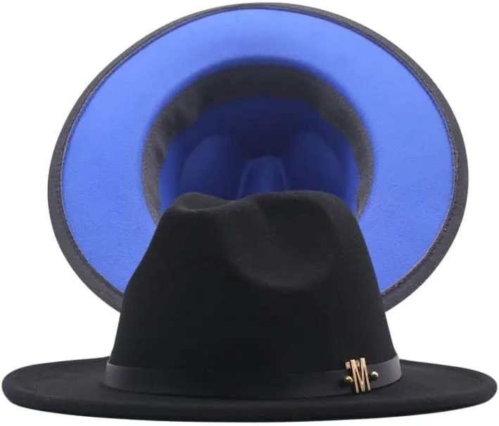 NC Two-Colors Patchwork Fedora Hats with M Leather Band Women Party Felted Bowler Cap Casual Men Wide Brim Church Fedoras (Black and Blue)