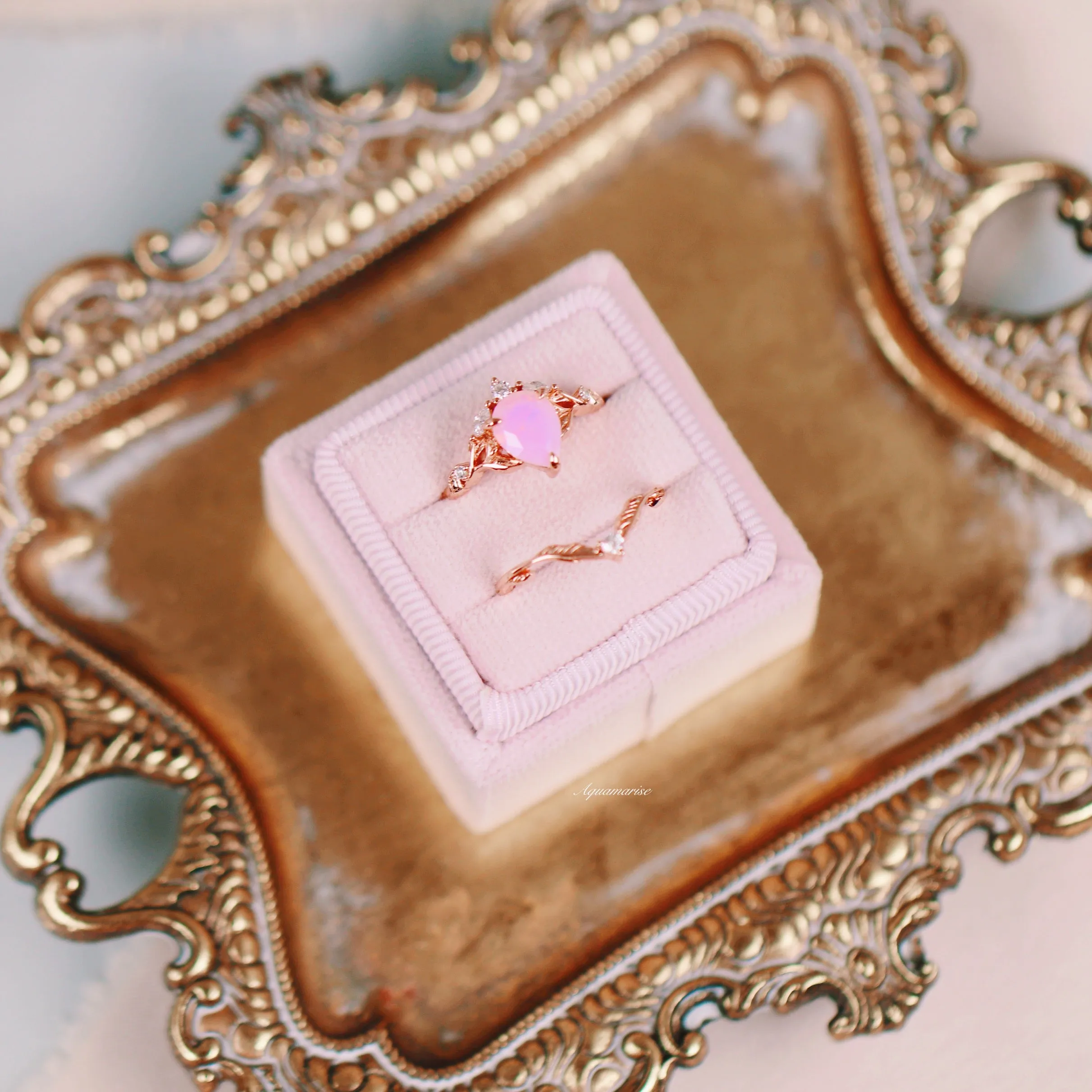 Opalescent Pink Sapphire Engagement Ring Set- 14K Rose Gold Vermeil