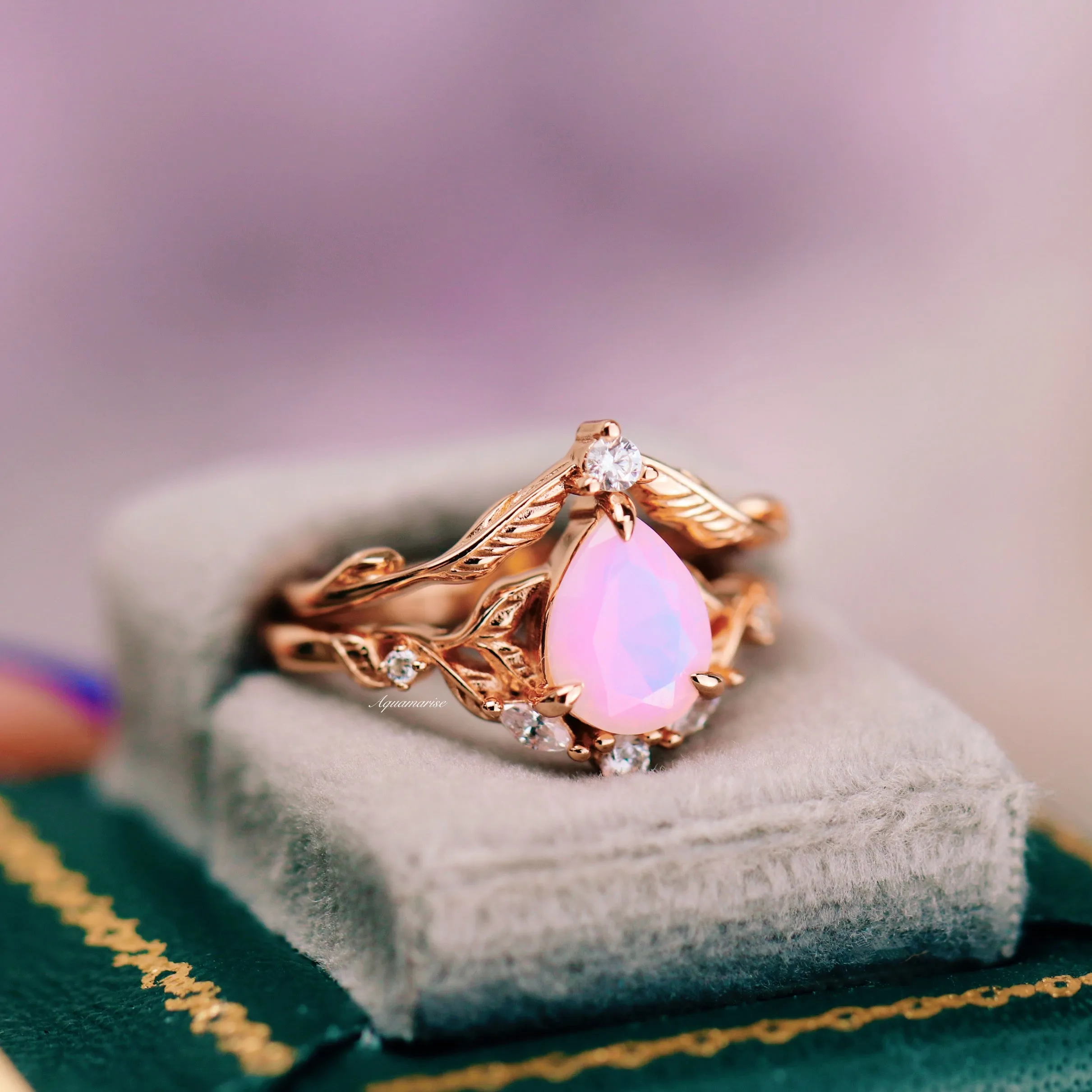 Opalescent Pink Sapphire Engagement Ring Set- 14K Rose Gold Vermeil
