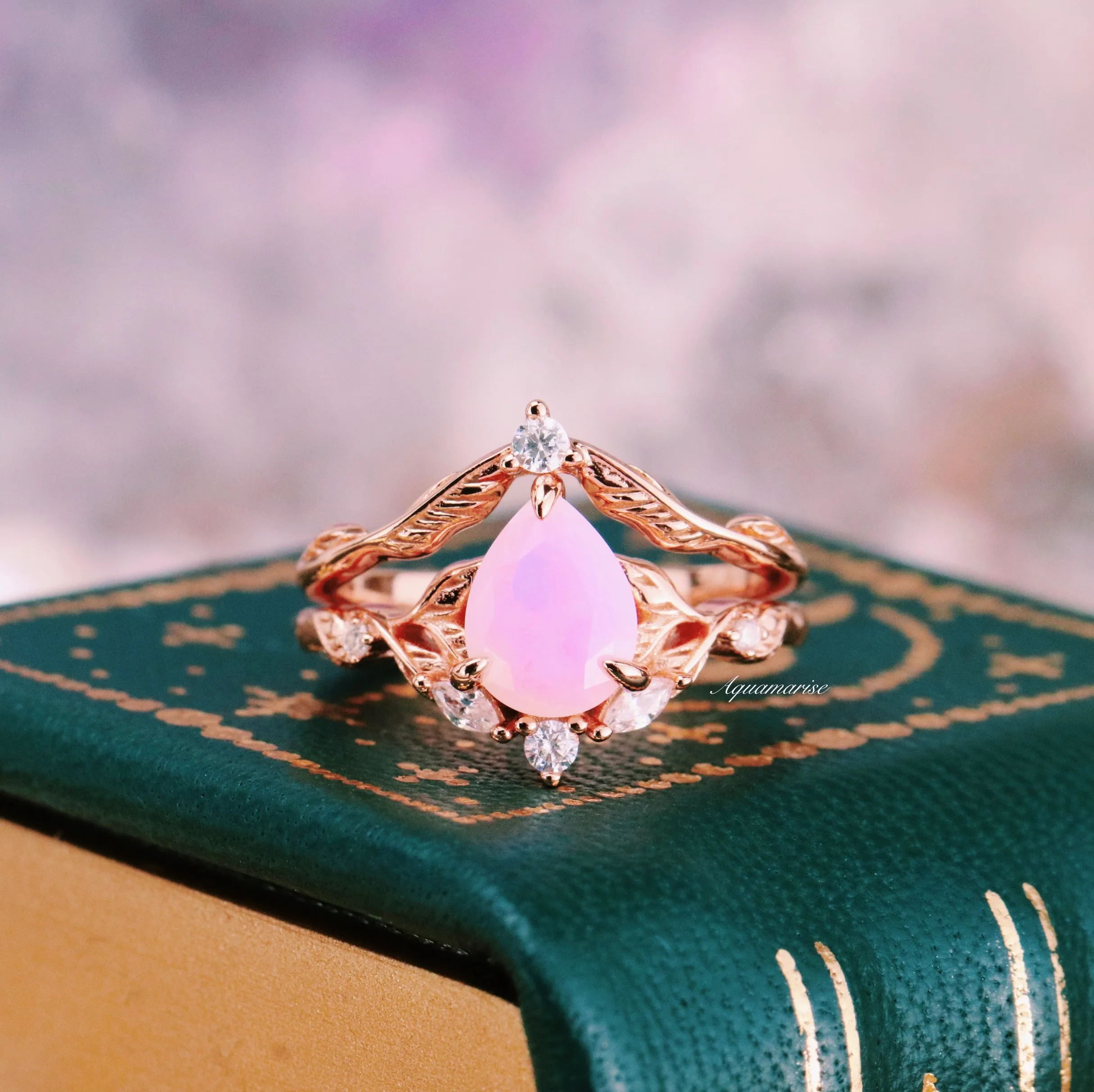 Opalescent Pink Sapphire Engagement Ring Set- 14K Rose Gold Vermeil