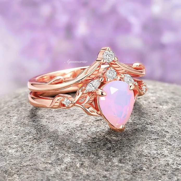 Opalescent Pink Sapphire Engagement Ring Set- 14K Rose Gold Vermeil