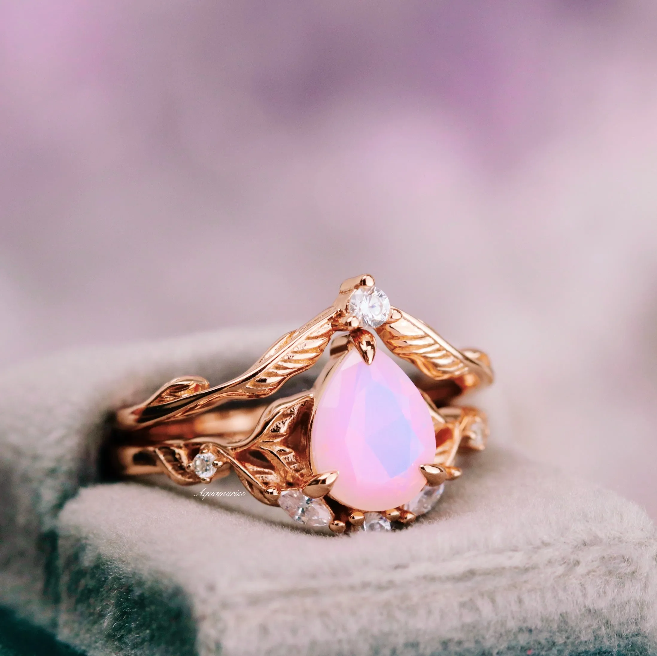 Opalescent Pink Sapphire Engagement Ring Set- 14K Rose Gold Vermeil