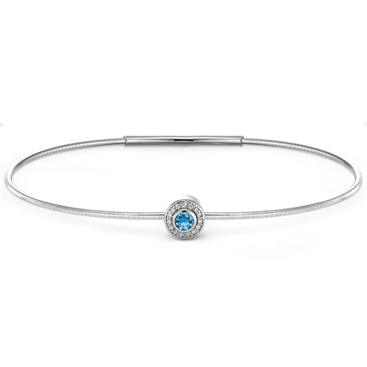 Platinum Finish Sterling Silver Round Simulated Blue Topaz Birth Gem Bracelet with Simulated Diamonds