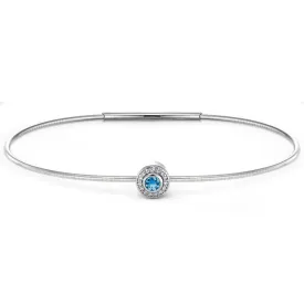 Platinum Finish Sterling Silver Round Simulated Blue Topaz Birth Gem Bracelet with Simulated Diamonds