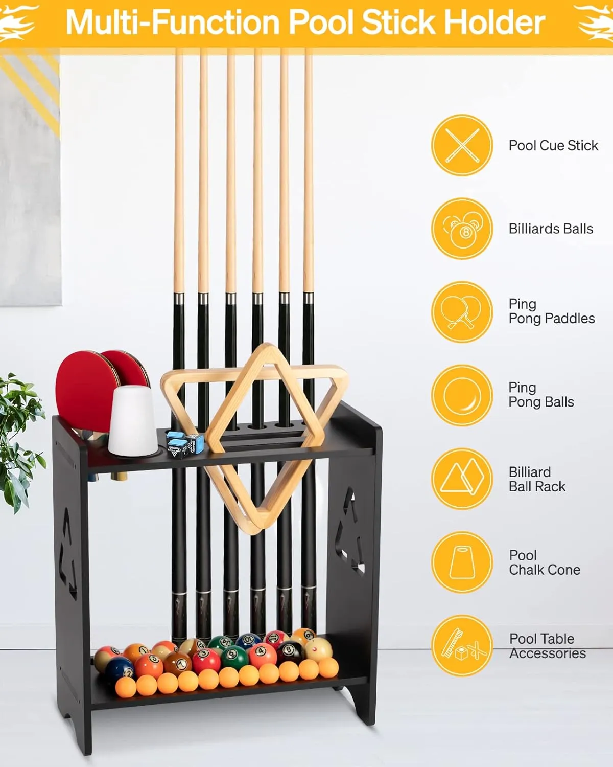 Pool Stick Holder Floor Stand- Billiards Pool Cue Rack Oak Solid Wooden Holds 9 Cues and Pool Table Accessories Organizer with Chalk Cone Holder for Game Room Club or Men Cave