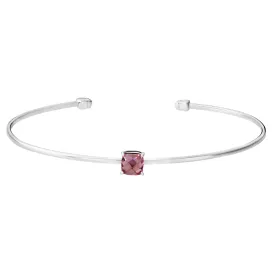 Rhodium Finish Sterling Silver Pliable Cuff Bracelet with Faceted Cushion Cut Simulated Pink Sapphire Birth Gem - October