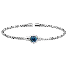 Rhodium Finish Sterling Silver Rounded Box Link Cuff Bracelet with Bezel Set Simulated Blue Topaz Birth Gem
