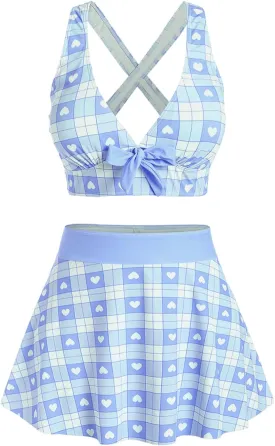 ROSE GAL Rosegal Plus Size Valentines Heart Bowknot Crisscross Padded Three Piece Tankini Swimsuit