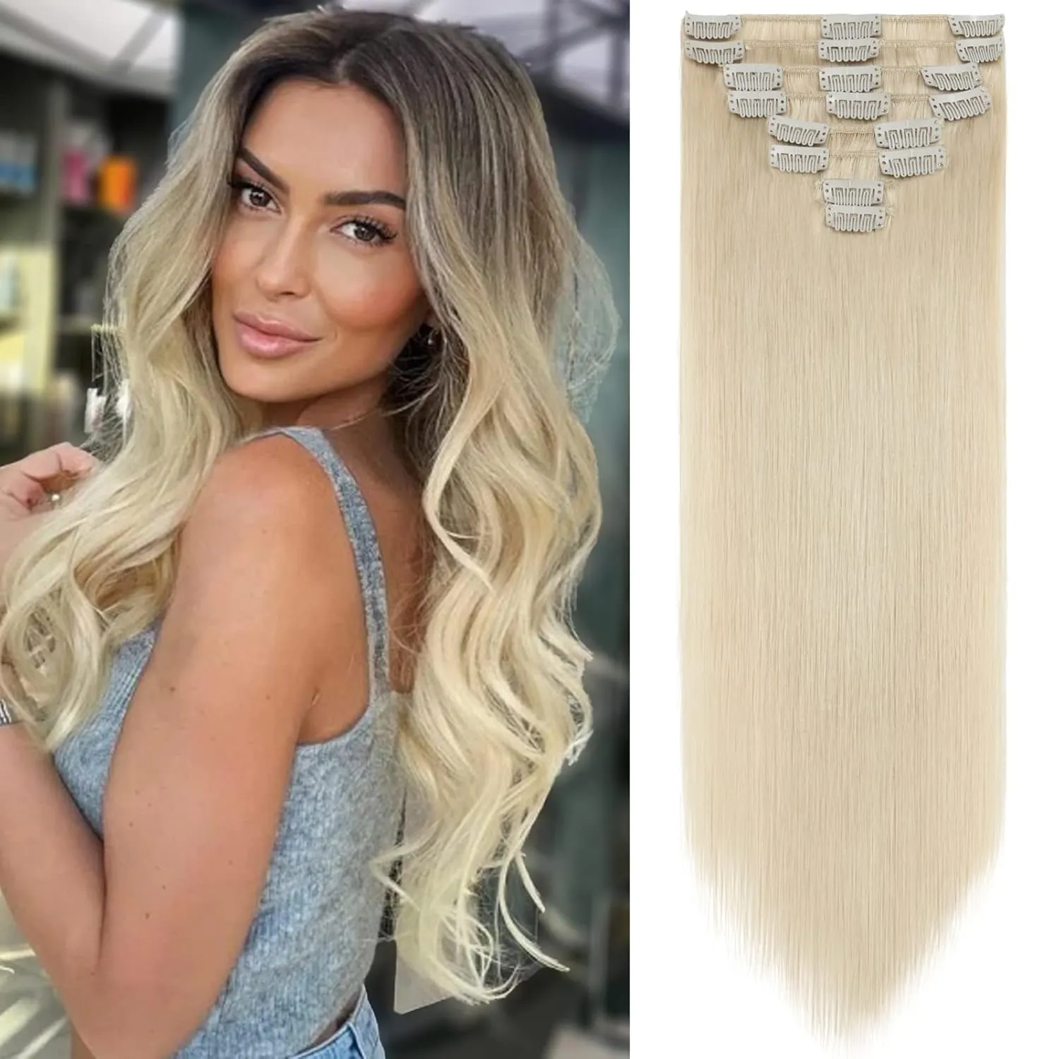 S-noilite Clip in Remy Human Hair Extensions Short Hair Extension Full Head 8 Pieces 18 Clips 100% Real Human Hair 8 Inch-65g (#60 Platinum Blonde)