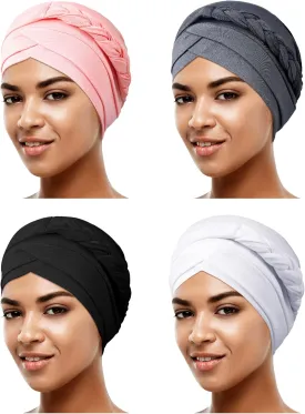 SATINIOR 4 Pieces African Women Turban Cap Head Wraps Beaded Headscarf Beanie Wrap