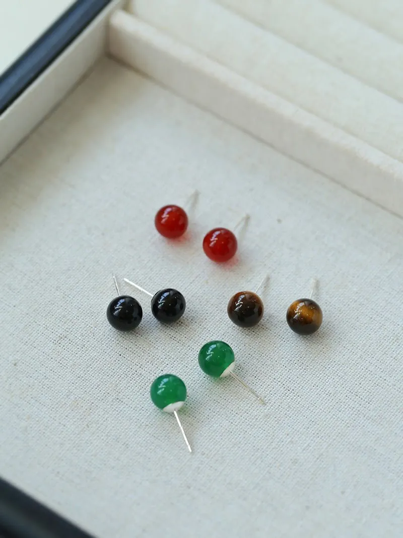 Simple Crystal Agate Tiger Eye Round Earrings