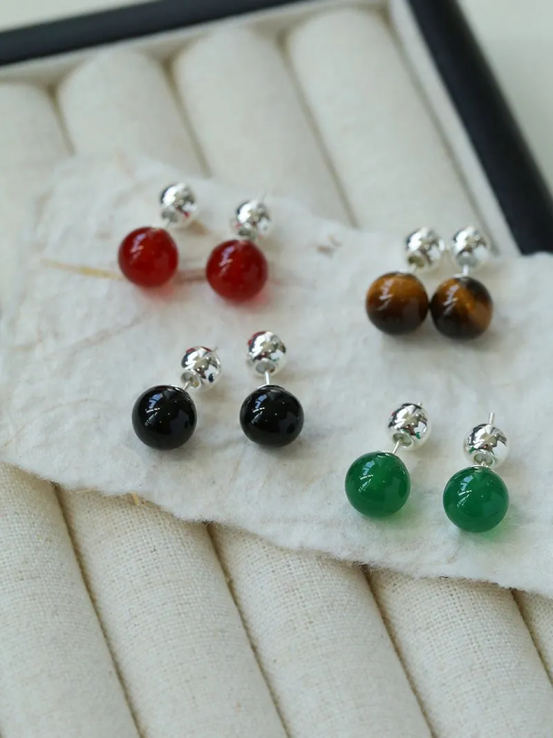 Simple Crystal Agate Tiger Eye Round Earrings