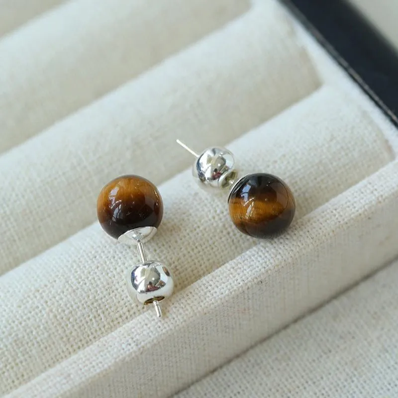 Simple Crystal Agate Tiger Eye Round Earrings