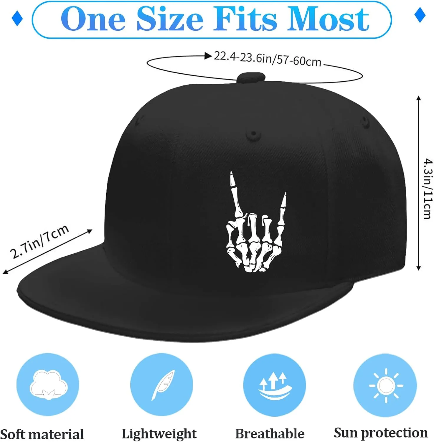 Snapback Hats for Men Flat Bill Brim Hats for Men Skeleton Skull Fitted Hat for Mens Black Baseball Hat Hip Hop 