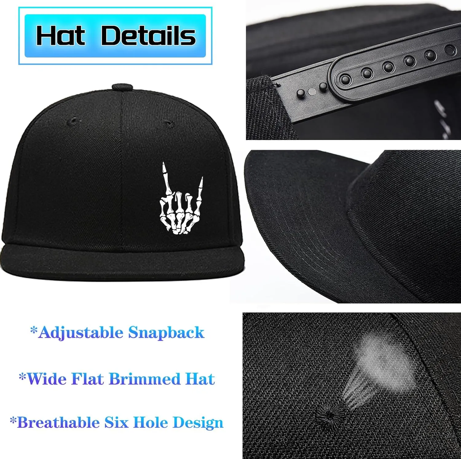 Snapback Hats for Men Flat Bill Brim Hats for Men Skeleton Skull Fitted Hat for Mens Black Baseball Hat Hip Hop 