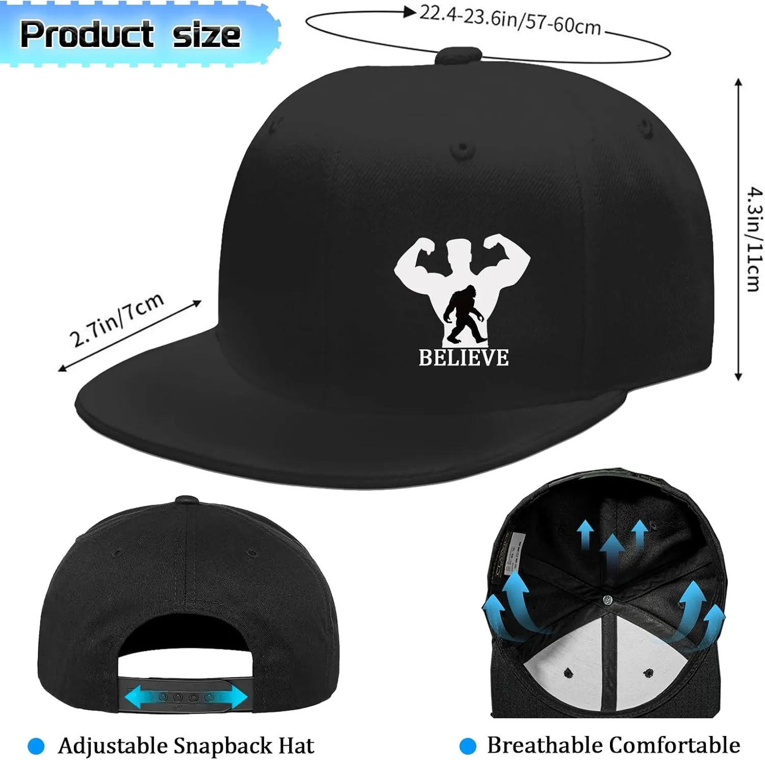 Snapback Hats for Men Flat Bill Brim Hats for Men Skeleton Skull Fitted Hat for Mens Black Baseball Hat Hip Hop 