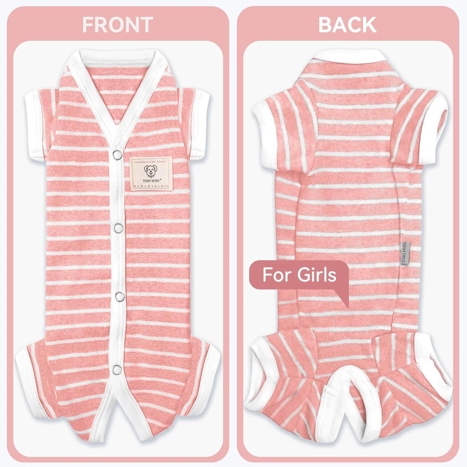 TONY HOBY Female Pet Dog Pajamas, 4 Legged Dog Pjs Jumpsuit with Stripes, Soft Cotton Surgery Recovery Dogs Clothes (XL, Pink White-Girls)