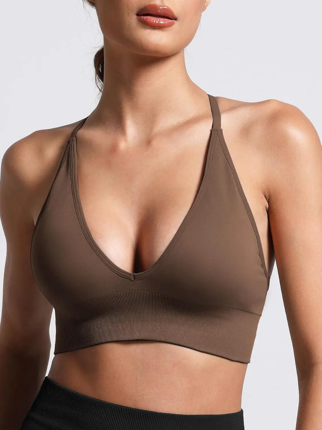 V Neck Adjustable Spaghetti Straps Sports Bra for Women, Padded Criss Cross Back Longline Yoga Bra Workout Crop Top Multipack